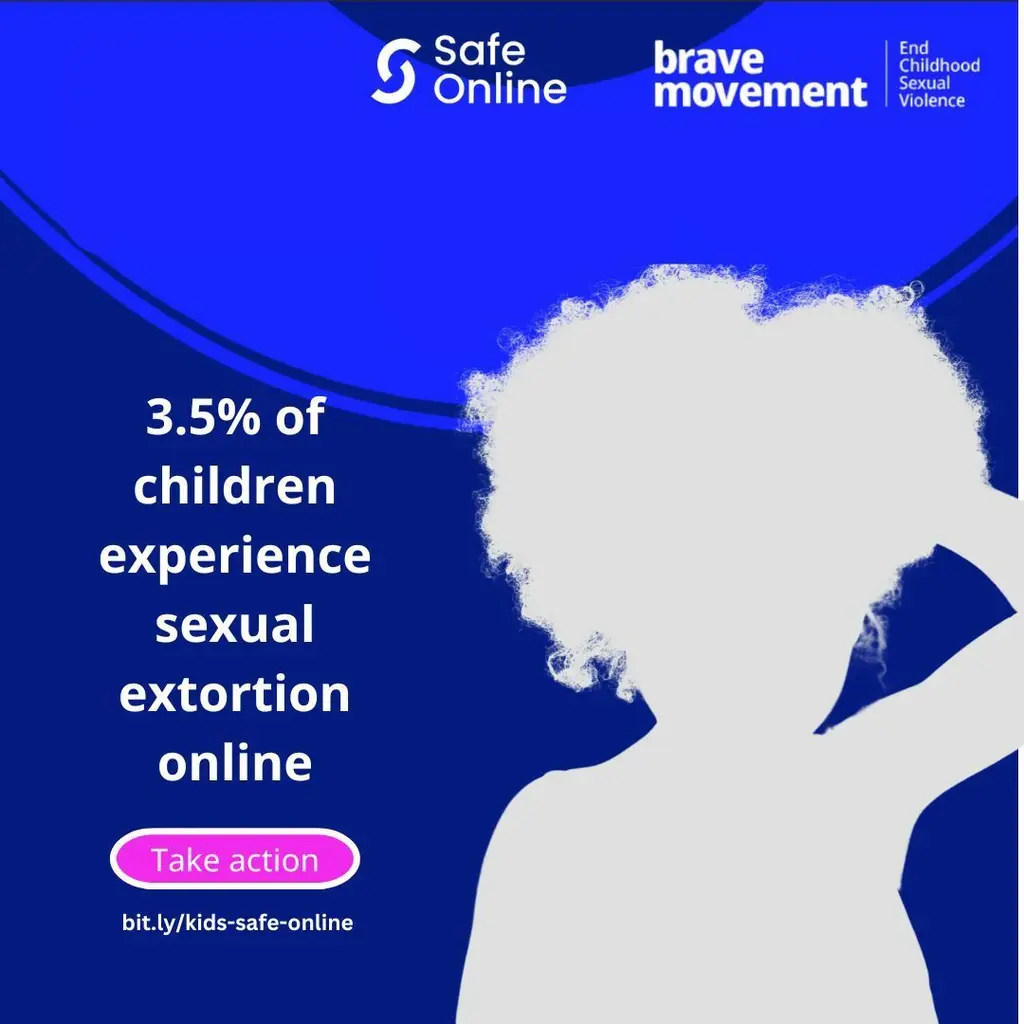 Logo and text with bright blue background. Text states "3.5% of children experience sexual extortion online" and encourages "Take action" with a link.