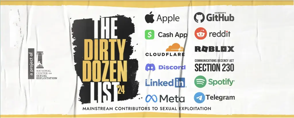 Collage of tech company logos including Apple, GitHub, Cash App, Reddit, Roblox, Cloudflare, Discord, LinkedIn, Spotify, Meta, and Telegram. Large text "THE DIRTY DOZEN LIST" with "#24" in the top right corner.
