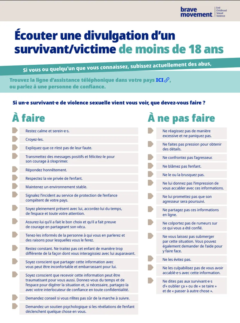 Ecouter une divulgation dun survivant/victime de moins de 18 ans
