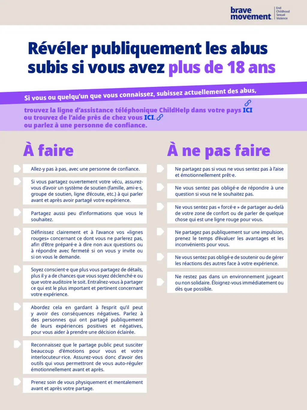 Révéler publiquement les abus subis si vous avez plus de 18 ans