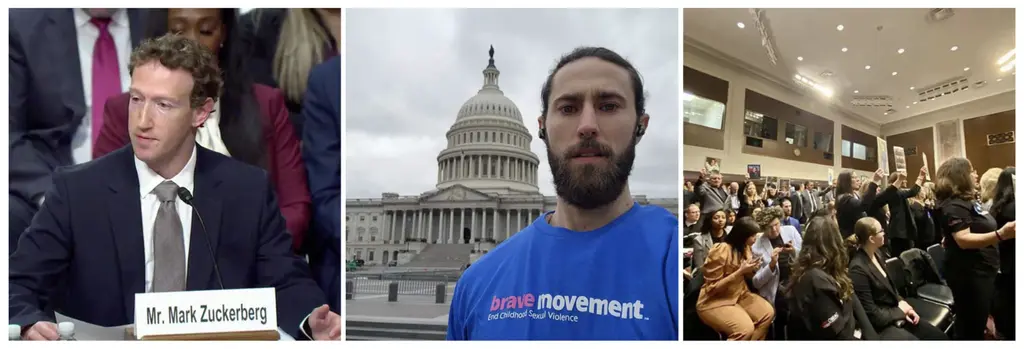 Person in suit at a hearing, person wearing a blue t-shirt at the US Capitol building, crowd of people at an event.