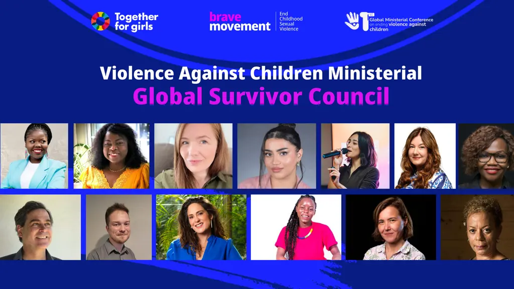 Global Survivor Council: 14 portraits of diverse survivors of violence against children, with their names and organizations.