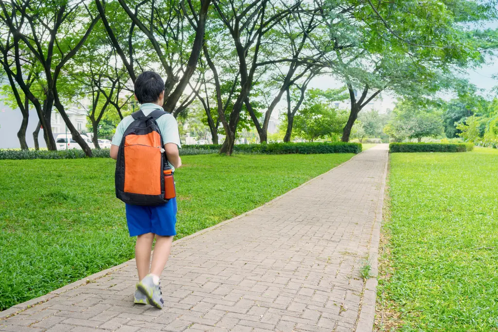 A person walking on a brick path through a grassy park with leafy trees surrounding the area.