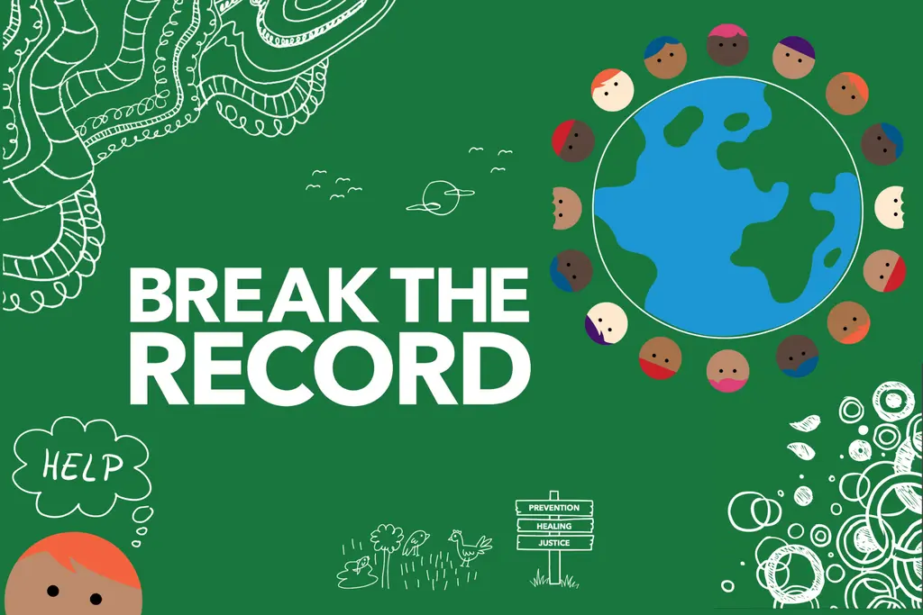 drawing of a globe with faces surrounding it in a circle on a green background with the words "Break the Record"