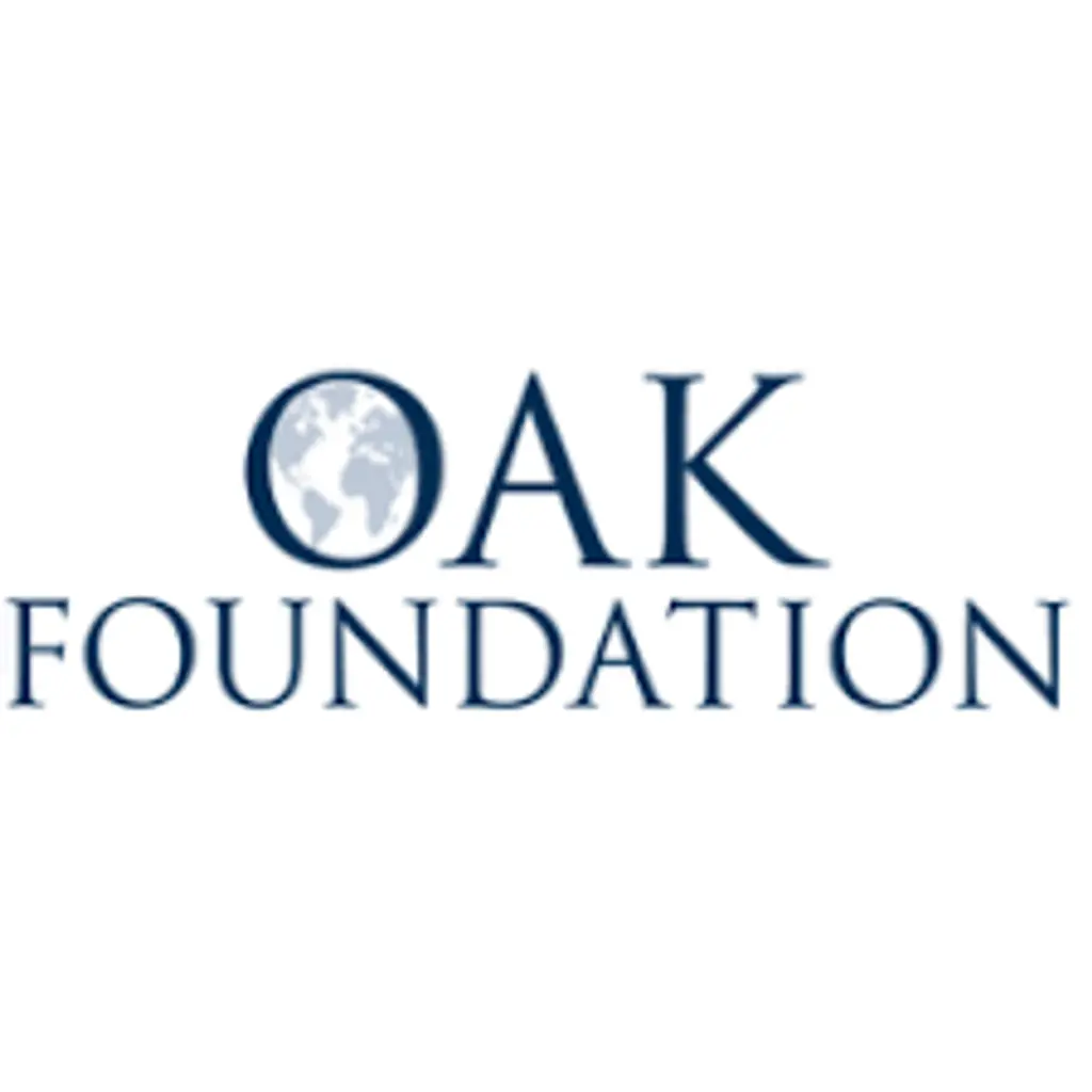 Logo with text "OAK FOUNDATION" in navy blue and blue crescent moon icon.