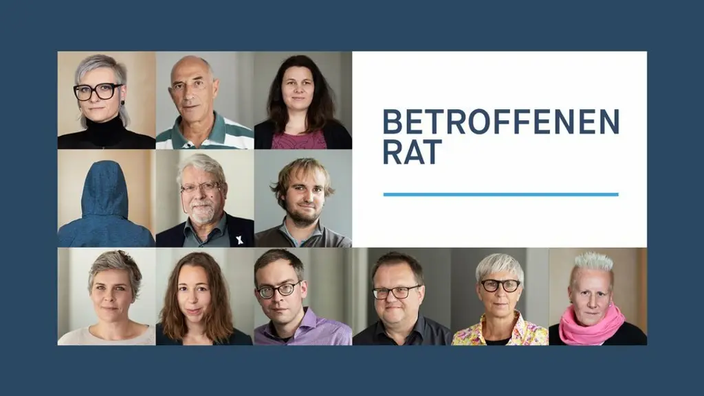 Collage of 12 headshots; people of various ages and genders; text reads "BETROFFENEN RAT"