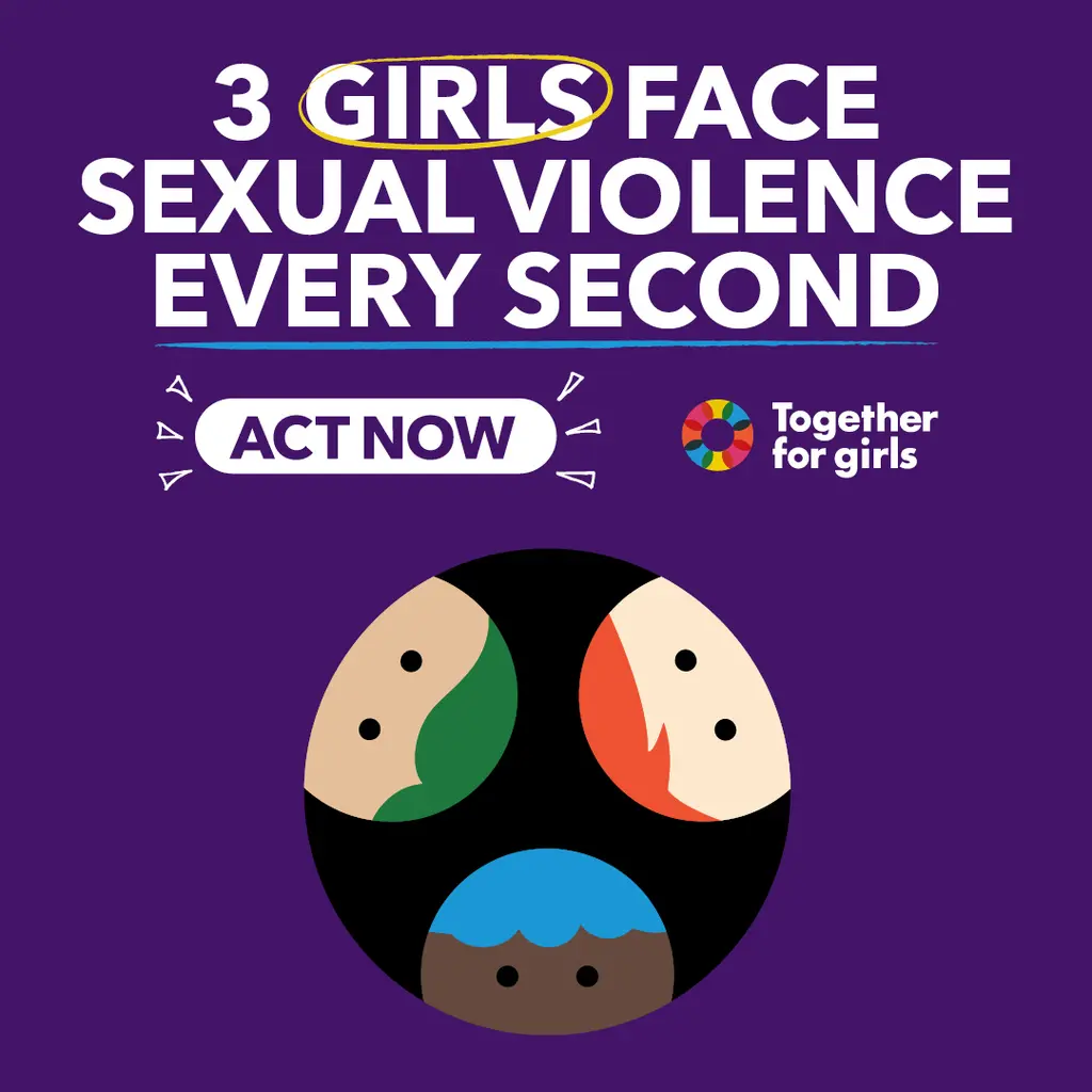 Three stylized faces depicted in a circular shape on a purple background, with text calling for action against sexual violence.