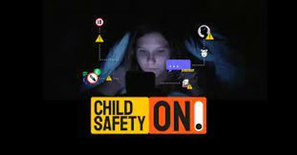 Woman in dark room using laptop, surrounded by various warning symbols and "Child Safety ON" text.