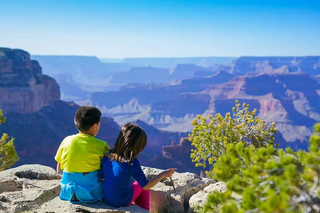 Scenic view of Grand Canyon with two people sitting on rock formation, surrounded by trees and blue sky.