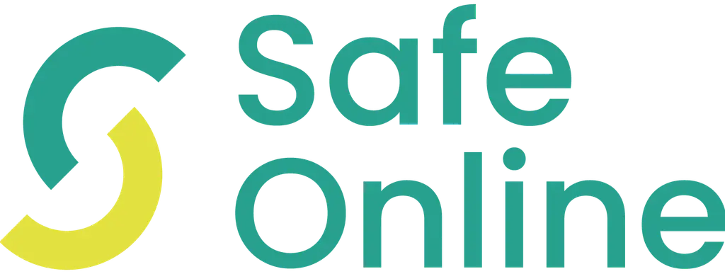 Image contenant le texte "Safe Online" en vert et jaune sur fond noir.